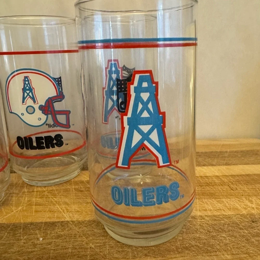 Houston Oilers NFL Football Vintage 80’s Mobil Oil Promo Glass Tumblers set of 4